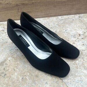 Stuart Weitzman Pumps Womens 9.5B Black Square Toe Heels Textile/Leather